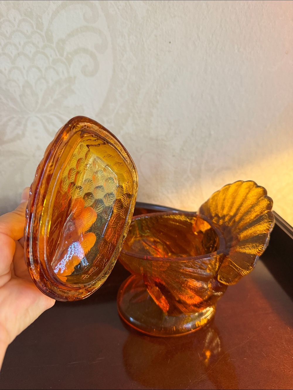 Vintage Amber Glass Turkey  Candy Dish with lid - Picture 3 of 9